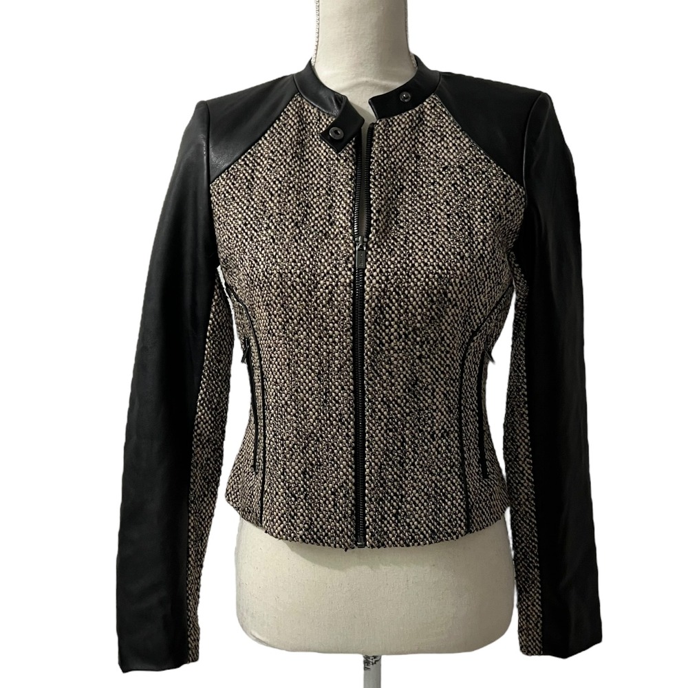 Calvin Klein Brown Faux Leather Trim Tweed Moto‎ Jacket XS - Picture 9 of 9